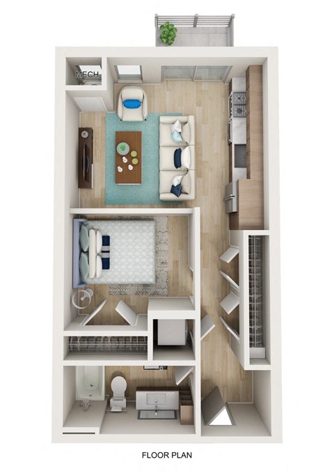 Floor plan for 1 bed, 1 bath, 594 sqft
